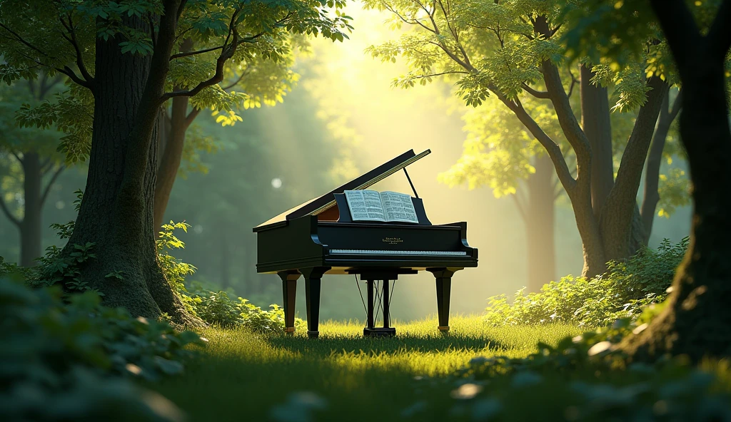 「A grand piano in the woods」is。The piano lid is open、There is music on the music stand。The surrounding area is densely packed with trees.々Surrounded by、The sun is shining through the trees.。This setting is、Combining the beauty of nature with the artistry of classical music、It creates a quiet and magical atmosphere.。