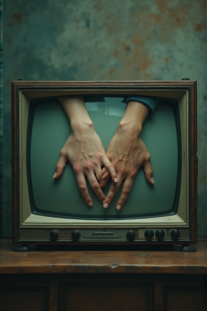 Create an image where you can see the hands of a man and a woman holding each other and the image is seen inside a television., as if it were a novel