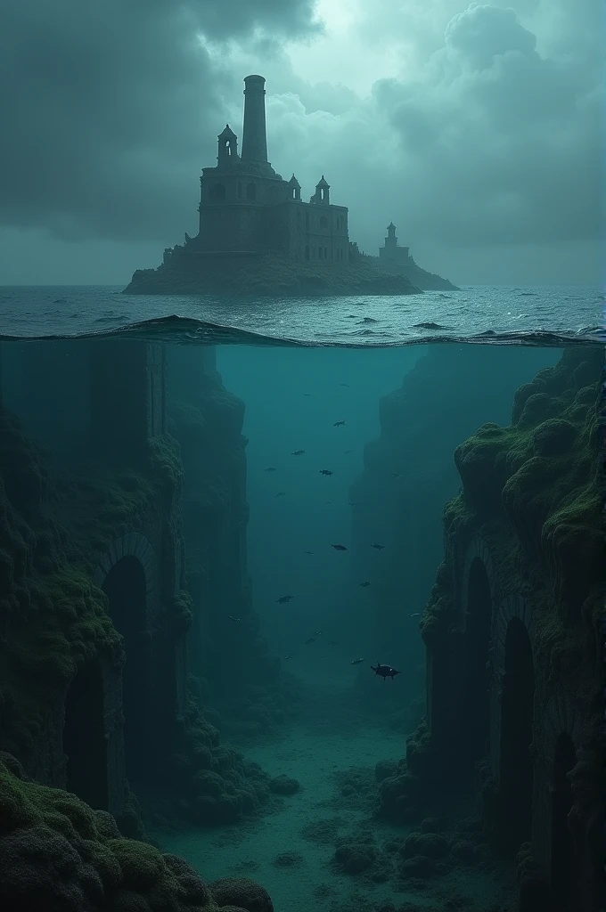 Deep and dark ocean with historical structures inside the ocean with dark clouds surrounded art