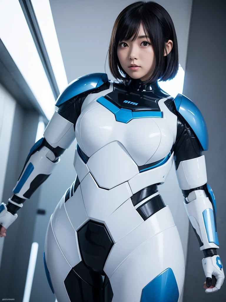 Japanese female android,Black Hair,White and blue robot suit,Plump,Slightly thicker