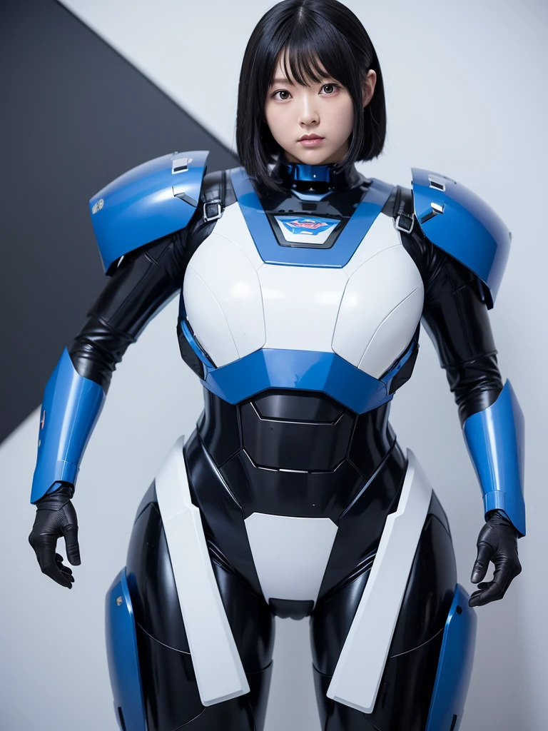 Japanese female android,Black Hair,White and blue robot suit,Plump,Slightly thicker