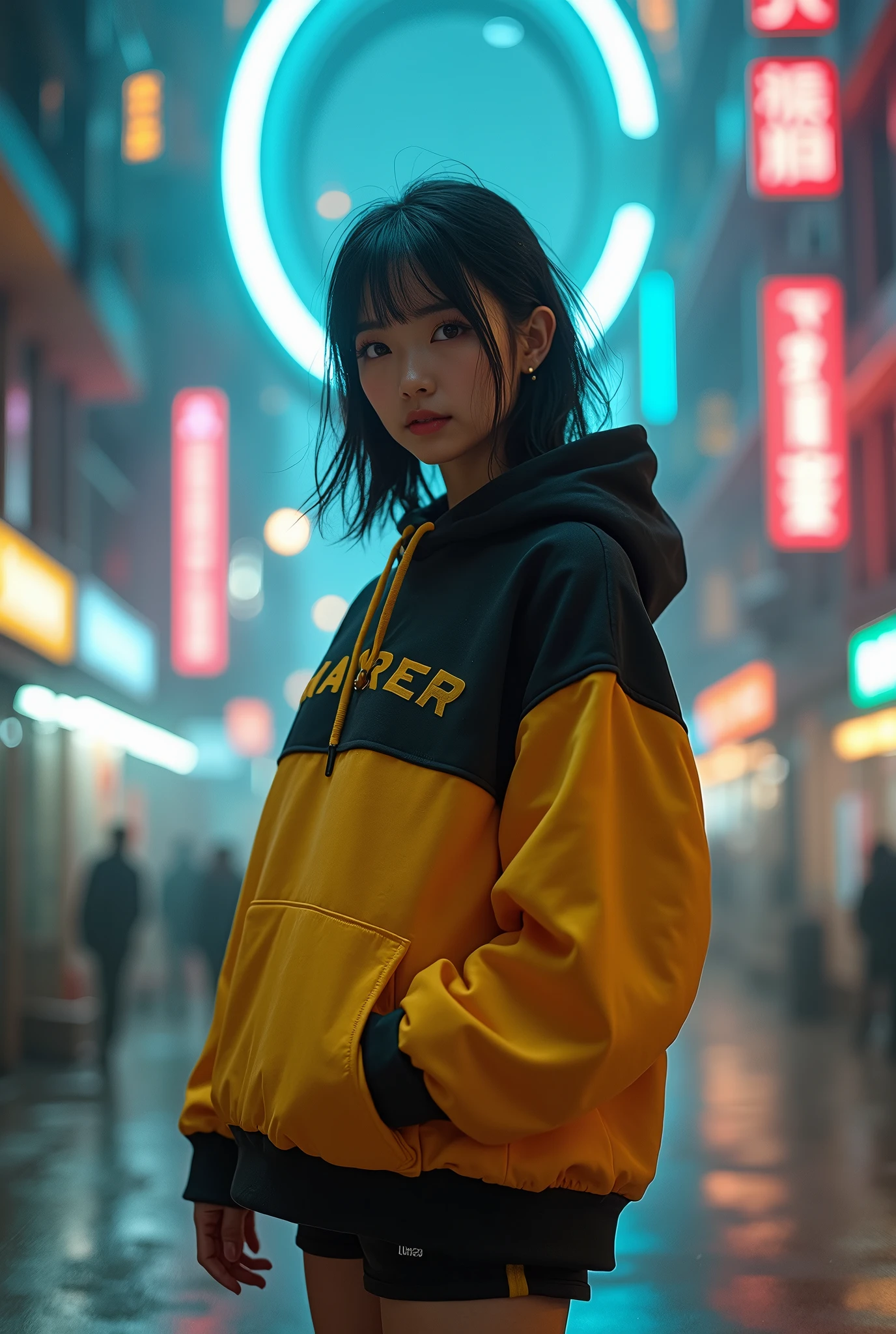 The Masterpiece of photography composition, 4K wallpaper, Masterpiece sci-fi cyberpunk city, fantasy sci-fi, neon glow lights city, ( Subject ( 1girl, A cute japanese women with beautiful hair, wearing an youth stylist oversized hoodie fashion, yellow, black stylist fashion, jumper hoodie and short solid cotton trousers, the hoodie stylist masterpiece.))
( Pose (Relaxed, with dance pose, masterpiece. Medium breast.))
( Setting (ultra realistic, sci-fi theme, A mystic environment, cyberpunk city with neon glow lights and a glow light portal.))
( Face ( absolute detail of face masterpiece, detail skin pores masterpiece, oil skinny, beautiful japanese girl, detail of face.))
( Perfect human body, perfect human fingers)
( Lighting (Dramatic side lighting with a warm and cool light masterpiece, absolute face and body lighting teqnique, sunlit glow and light rays, masterpiece object lighting and detail.))
(detail of absolute futuristic fashion a masterpiece), rahnday style photography, the sense of photography), sea art infinity.)
( Style (Hyper-realistic, cinematic, with a focus on detail and texture, octan render 4K quality masterpiece.))
( Technical Specifications (Shot from a medium long shot, below-up perspective, with a Fujifilm XT-4 with Fujinon 50mm lens at f/1.2.))
(((Additional Notes)
( Focus on Key Elements (Emphasize the woman, her clothing, and the dramatic city backdrop.))
( Visual Effects (Include cinematic grains, falling glow particles, and a blurred background with white fog.))