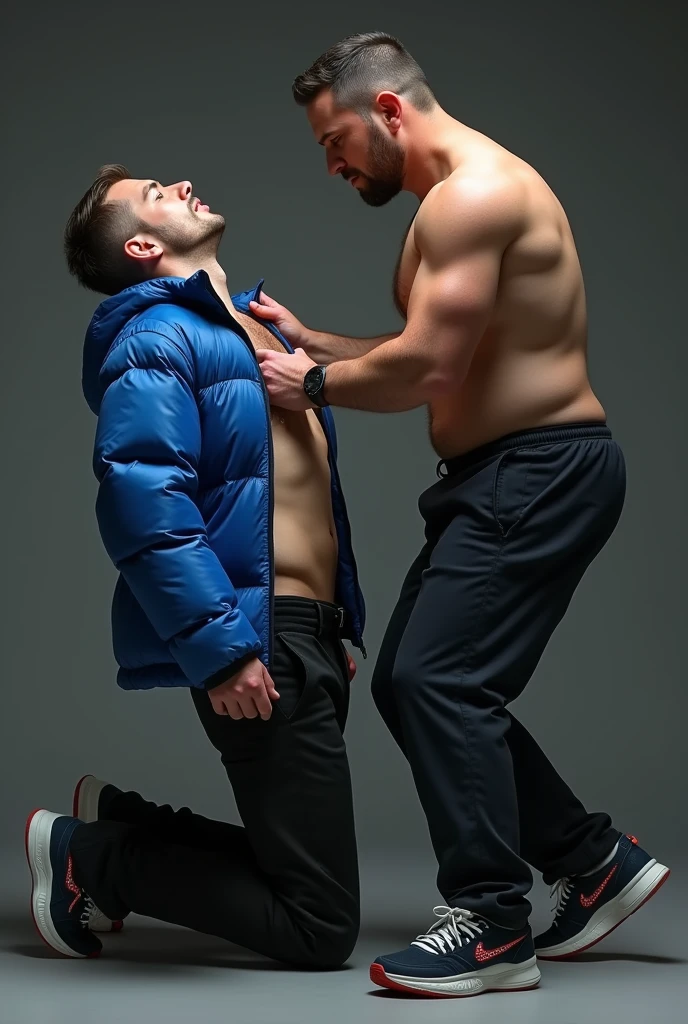 ATTENTION: (((*TWO MALES HANDSOME MAN TOGETHER*))) IN HIGH REALISTIC RAW IMAGE. Man A 4, exceptionally handsome man with light-colored eyes and short, thinning hair. He is (((dressed a pants, formal shoes, and an open, *extremely shiny blue nylon puffer jacket* that reveals his hairy chest and slightly prominent belly))). He is (((positioned on all fours))), with his head slightly raised as his necktie is being pulled by the domineering handsome man B. His is (((expressing deep humiliation and forced submission by the bad Man B, 3))), man with short hair, light skin, and a robust natural and hairy chest with a slightly prominent belly. He is (((wearing sports pants and sneakers, with no shirt, exposing his upper body))). Standing next to humiliating Man A, he grips the colar animal with a smug, dominant expression, (((pulling it to lift Man A’s head toward the camera))).
 ATTENTION: extremely ultra mega high ACCURATE IMAGE. High resolution, Best quality, High details, HD model, Anatomically correct, Accurate. ATTENTION: (((*TWO MALES HANDSOME MAN TOGETHER*))). 