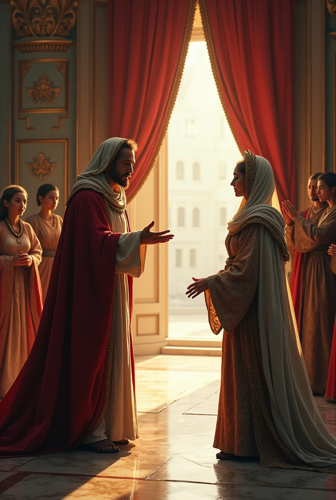 The Beggar Thanks the Queen and Leaves
The beggar, now turning to leave, bows deeply one last time, showing his gratitude. The queen waves gently, still smiling. The background shows the royal court, with the doors open, allowing a view of the outside world, hinting at the beggar’s departure. Courtiers look on with a mix of admiration and satisfaction.