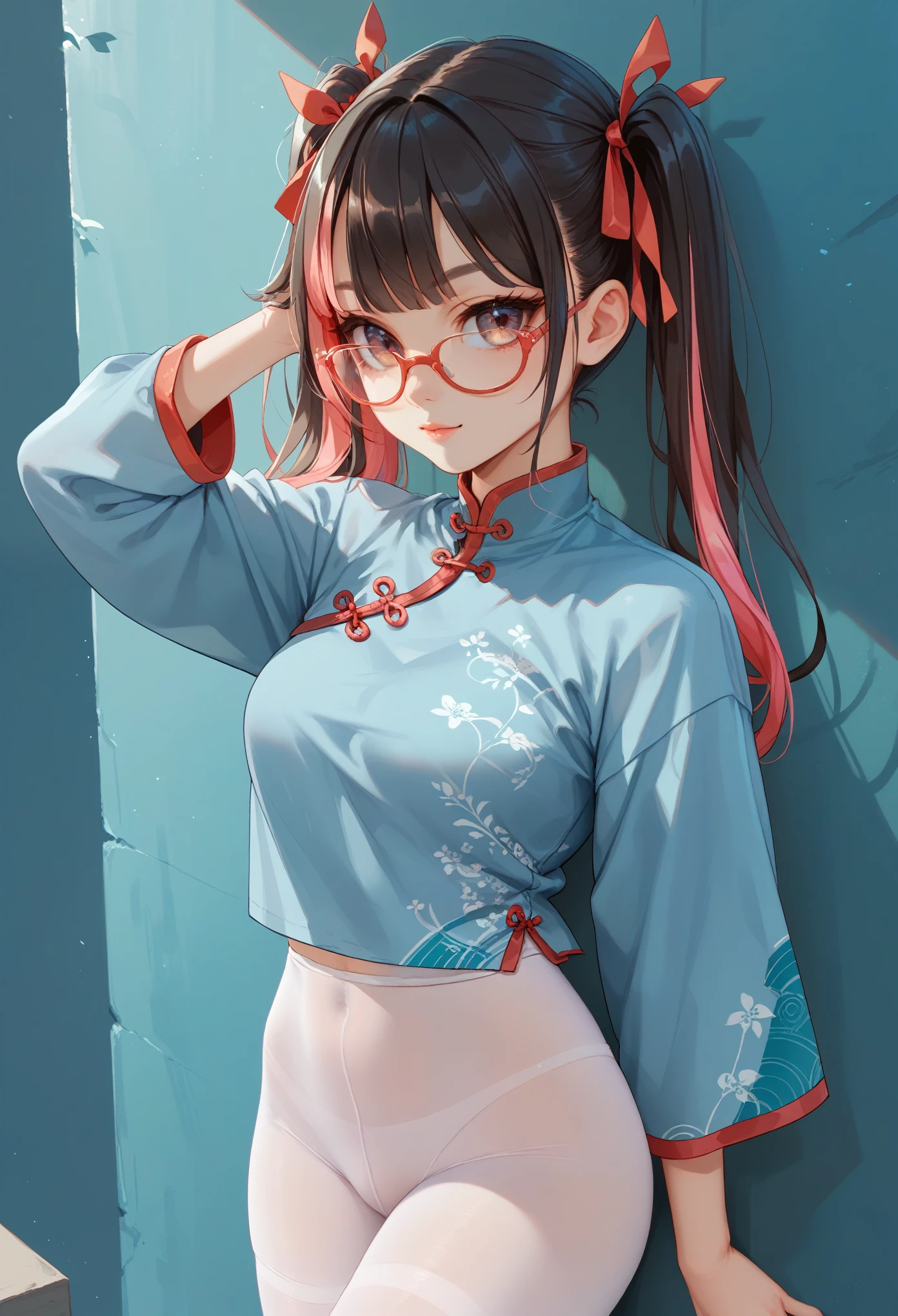Zhezhi, twintails, multicolored hair, glasses, hair ribbon, chinese clothes, white pantyhose,