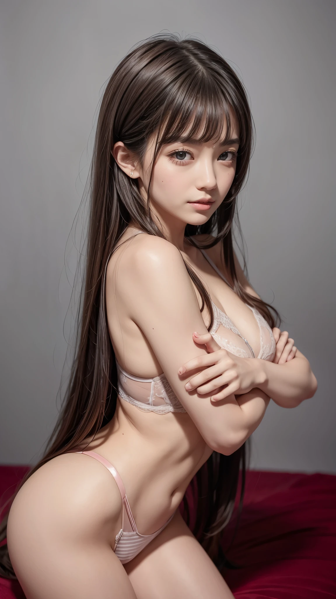 (((portrait:1.2))), (Madison from france, medium hair:1.1), brown_eyes, medium_hair, brown_hair, age, nsfw, sexly, photorealistic, sweet room, lingerie, (1:1.5), flat chest, skinny, (Parting the bangs、no bangs:1.3), Highest quality、Highest quality、Masterpiece、Ultra high definition、Reality:1.37, (Perfect Anatomy:1.3), (Detailed arms:1.2)、(View the viewer、blush)、(Smooth body)、(((Show the viewer a very sexy pose:1.2)))