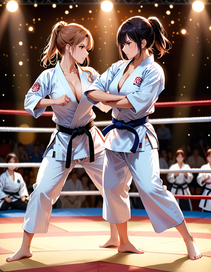 2 sexy girls fighting in a stage, both wearing judo gi, 4k quality, very detailed, bokeh, great lighting, very sexy, slightly sweating, very serious faces. full body shot