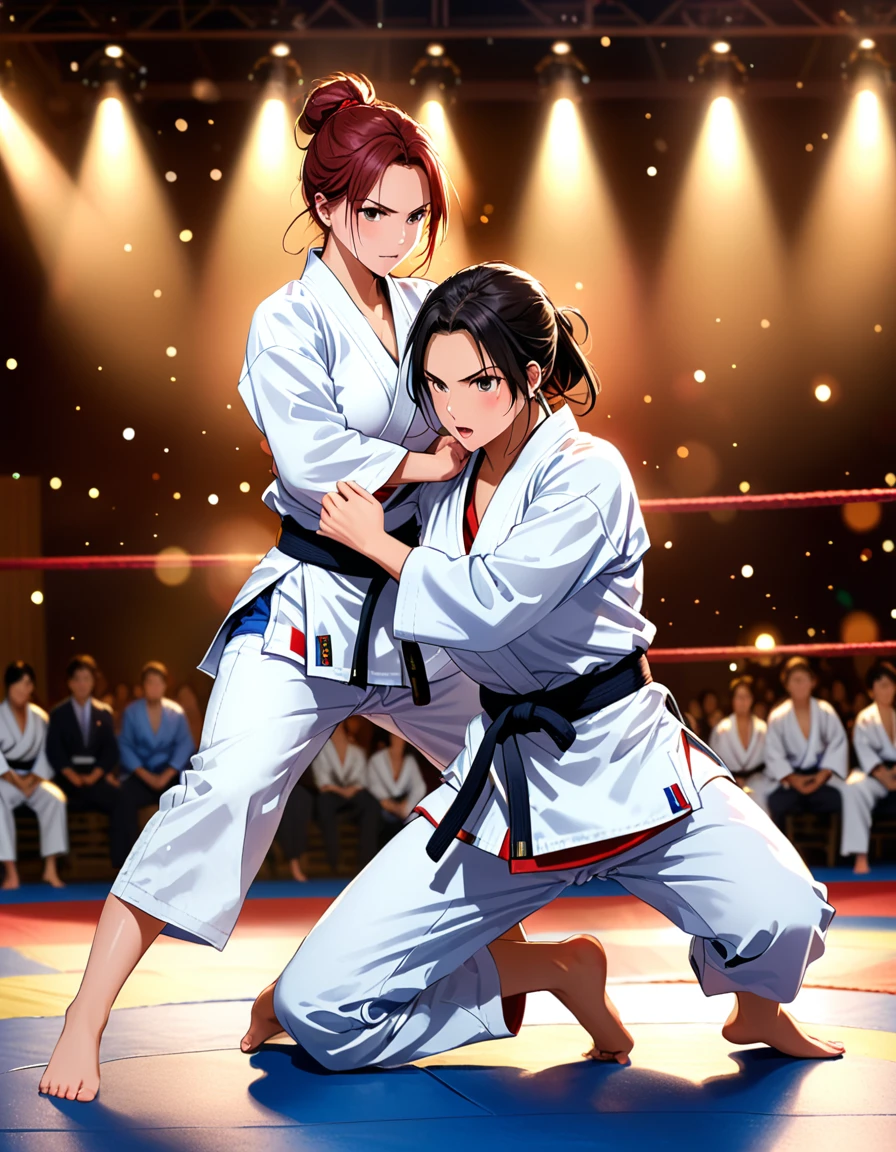 2 sexy girls fighting in a stage, both wearing judo gi, 4k quality, very detailed, bokeh, great lighting, very sexy, slightly sweating, very serious faces. full body shot