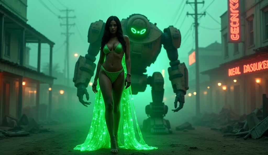 (Masterpiece. Uhd) A beautiful woman in her 20s, with an epic cleavage and a voluptuous figure,( green glowing eyes). (Green energy glowing hands) standing in a post-apocalyptic dystopian abandoned old west city in the wasteland at night, surrounded by glowing fog and neon lights, the Neon Queen of the Wasteland. Perfect hands. Perfect fingers. Sensual pose.1930 clunky rusty evil giant war robot (dead on the floor) in the background.