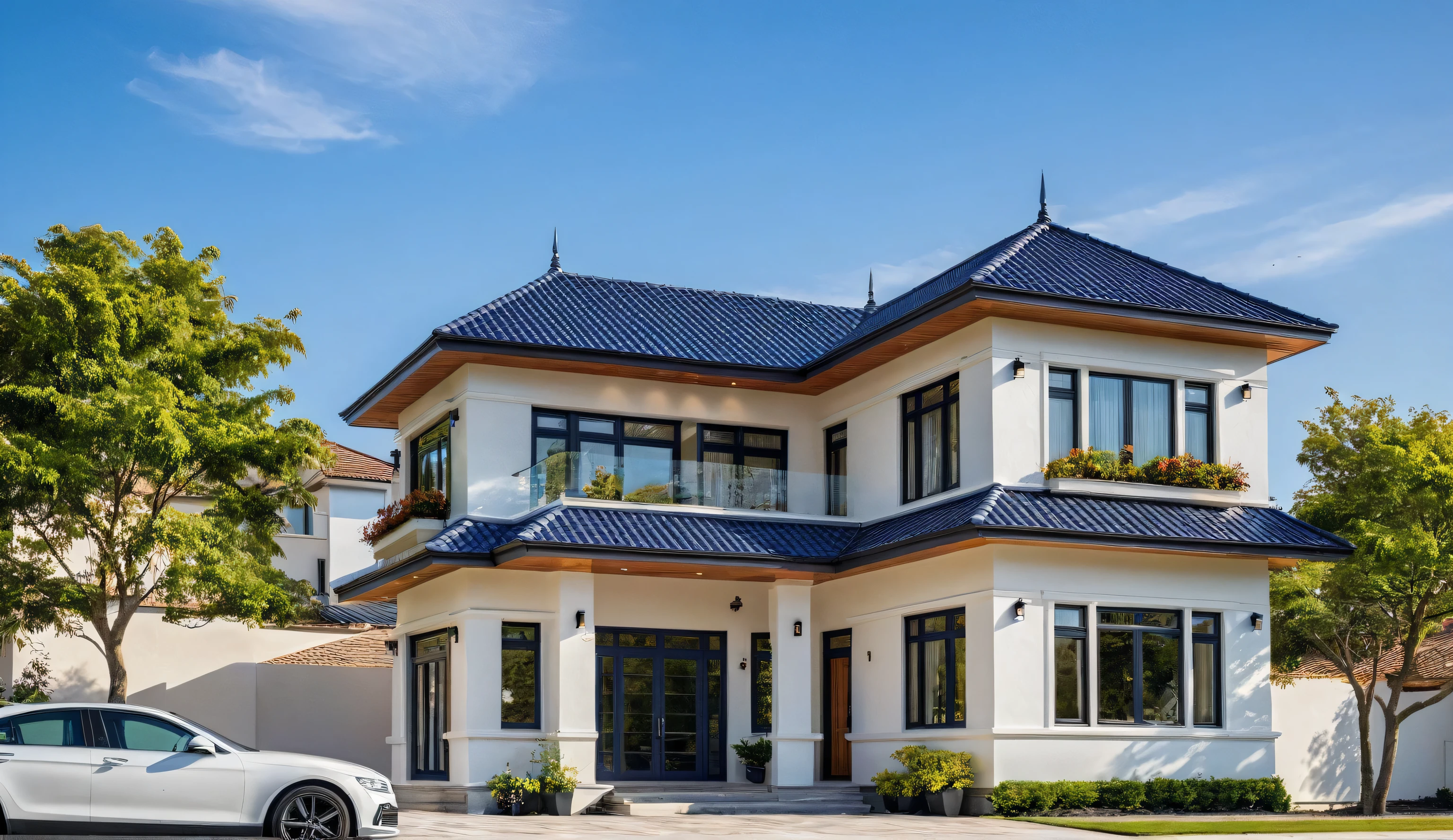 (masterpiece:1.2), best quality, photo of A two-story modern house with white walls and dark blue tiles on the roof., tree and plant, streetcapes, natural light, vivid color, The exterior of an elegant single family home features large windows, a dark gray door frame.