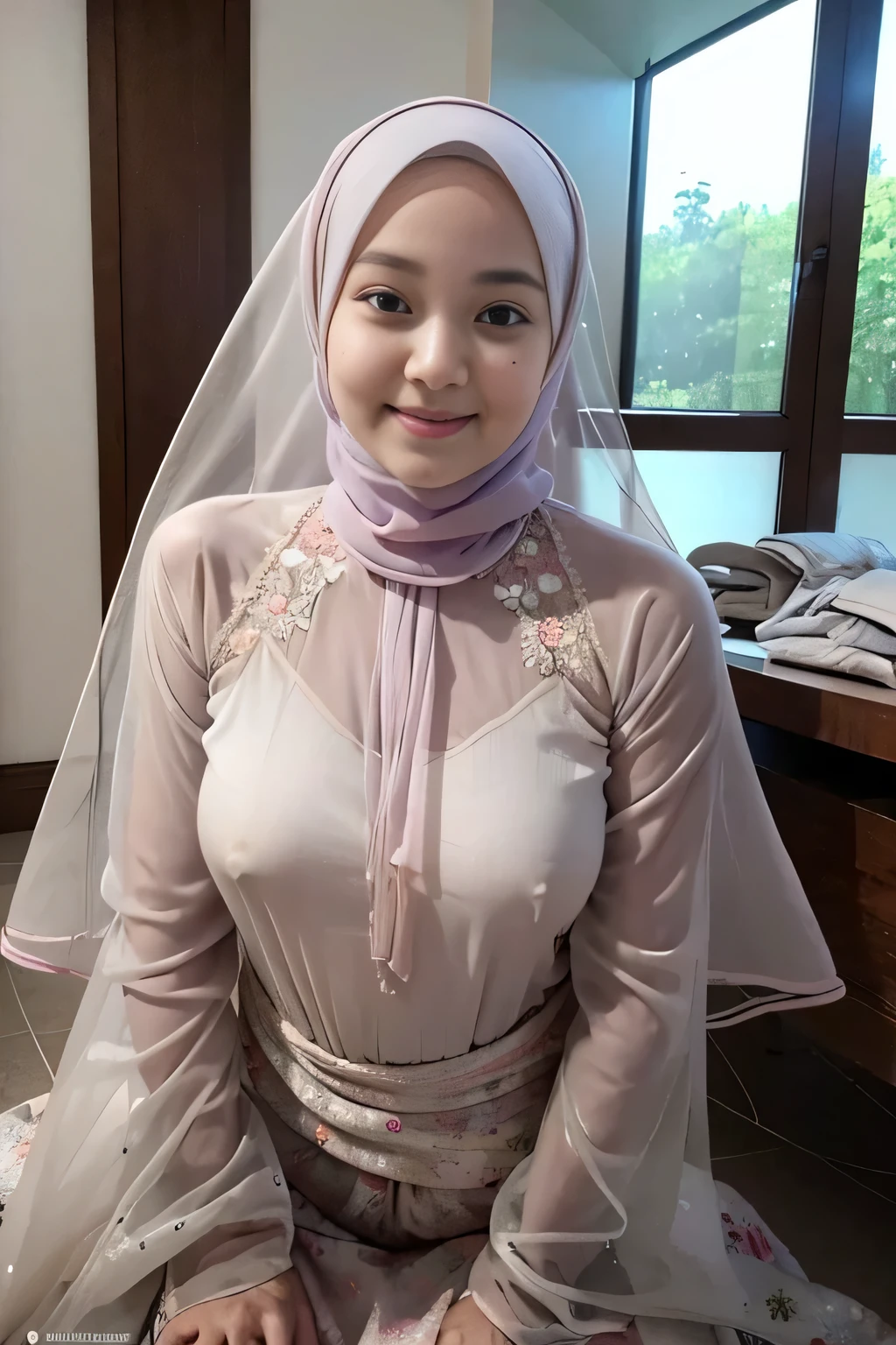 (RAW photo:1.2), (photorealistic:1.4),(masterpiece:1.3),(best quality:1.4),ultra high res,(detailed eyes),(detailed facial features),(detailed clothes features),HDR,8k resolution, skin tight, (((high detailed skin,visible pores))), dreamlike, (ulzzang-6500-v1.1:0.5),pureerosface_v1:0.2, face close-up, 1 girl,tall, 30 yo, gigantic breast, wearing tight close pastel floral silk malay gamis ((see through transparent with hijab)), full body, smile, Reisa brotoasmoro, wearing high heels, full body shot camera