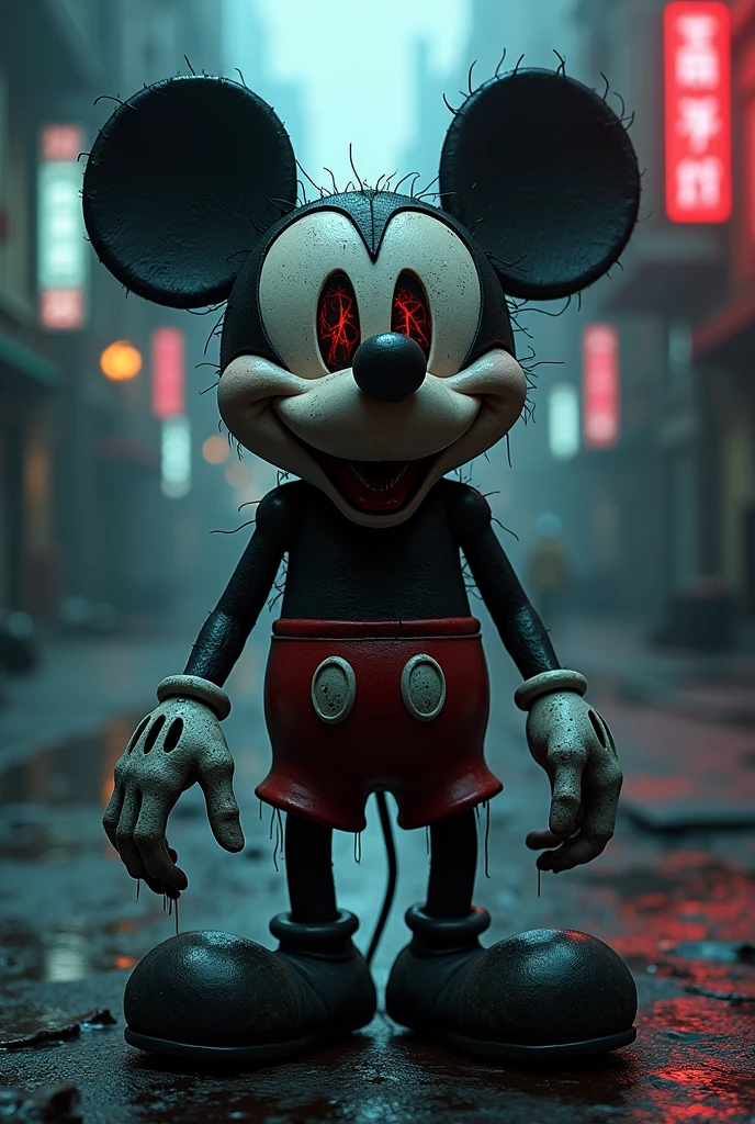 Grunge tshirt design, satanic mickey mouse, cyberpunk, horror, twisted, dark, sinister, deformed, distorted, ominous, disturbing, nightmarish, haunting, macabre, grim, eerie, unsettling, creepy, ominous, surreal, dark fantasy, gothic, dystopian, industrial, futuristic, neon lights, glowing, high contrast, cinematic lighting, moody, atmospheric, chiaroscuro, detailed, hyper realistic, masterpiece, digital painting, concept art, illustration, by tim burton, award winning art, octane render, unreal engine