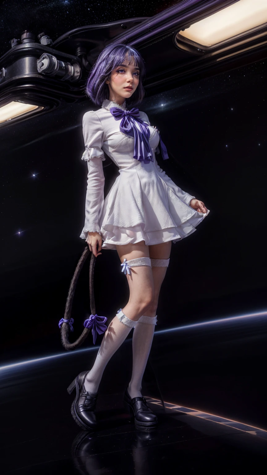 (1 lady), (Best quality at best:1.4), (ultra - detailed), (extremely detailed CG unified 16k), A Beautiful Woman with Perfect Figure: 1.4, Sharp Focus: 1.2, purple hair, very detailed, High-definition RAW color photo, professional photoshooting, amazing face and eyes, cosmetics, (amazingly beautiful girl), ((frederica bernkastel)), Bethcast, ((exact clothes: dress, bowtie, mary janes, socks, cat tail, tail bow, tail ornament)), levitating in a cute posture, (floating in space), (She's levitating in a cosmic sea, outer space:1.3, quantum hyperspace room lacking walls, hyperspace chamber, extremely detailed background, a lot of details background, realistic background), (look from above), realistic cinematic face, head to feet long wide zoomed out view, full body long view, photorealistic, ((realistic natural purple hair style, purple eyes)), gorgeous, extremely beautiful face, perfect model beauty, pout mouth, Highly Detailed Face and Skin Texture, Detailed Eyes, Double Eyelids, Big Breasts, Expressionless, (masterpiece), best quality, high resolution, extremely detailed, cinematic lighting, amazing legs, high heels, clear and well-cared skin, pale skin, frederica bernkastel exact dress: 1, black and white dress: 1, the dress is long enough to cover both knees