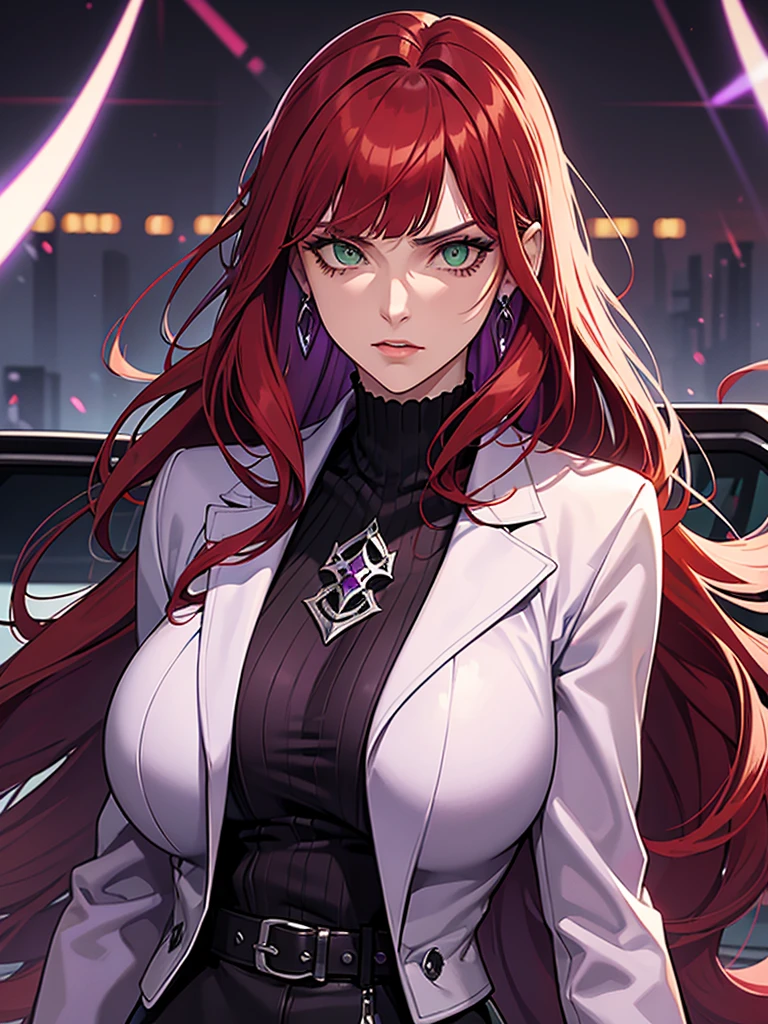 green eyes, red hair with long bangs, noble. sadistic women, wavy long hair. strong woman. purple jacket. she quiet. wear purple and black t shirt. dominant woman. mafia. mature woman. girl boss. badass woman. gangster. hair so long have bangs. gangster