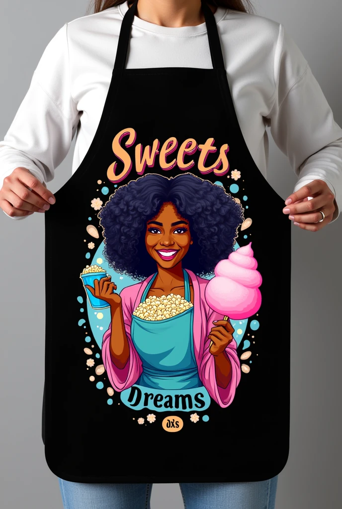 A black apron with the words Sweets and dreams written on the top,right in the middle a drawing of a black woman with curly hair smiling, holding a blue bag of popcorn in one hand and a pink cotton candy in the other hand and below the image the writing DXS.