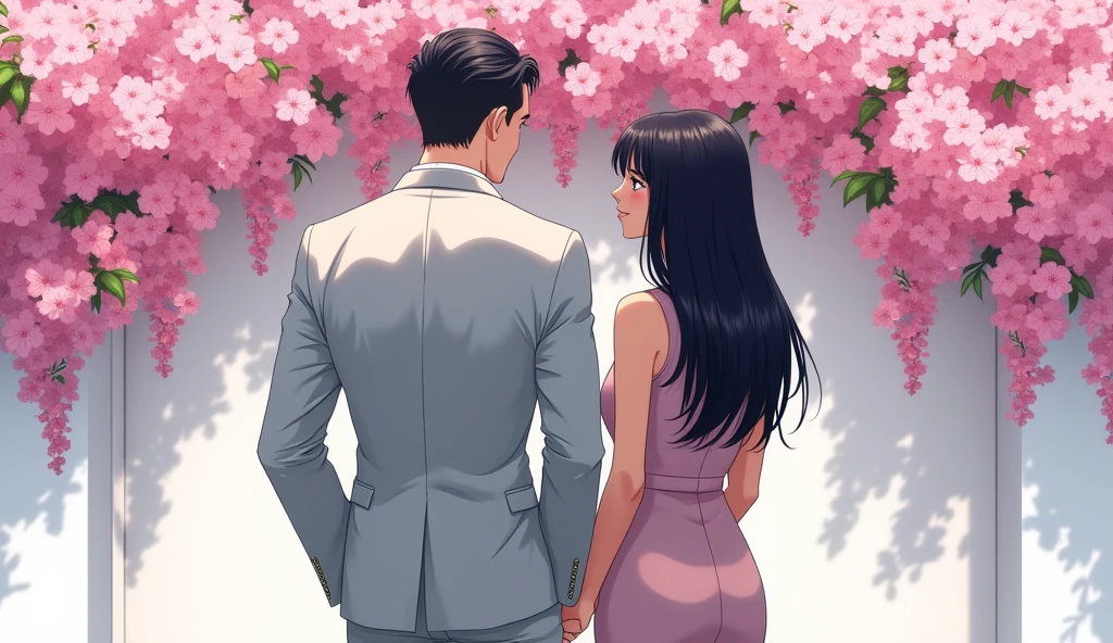 Cool and gentleman cartoon anime guy with his hands in his pockets. He is wearing light gray suit. He has a big chest and strong arms. A gorgeous girl with black hair. They are turning back to other. Behind them is a wall of pink bougainvillea. The wall is in white