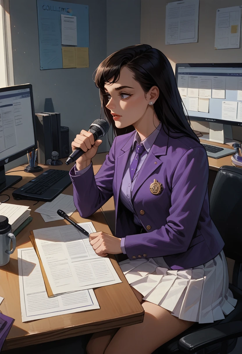 laws lane, black hairr, sitting at a desk, purple jacket, flirtatious look, white skirt, 盘腿, a microphone in one hand, a computer on the table. an office. decolletage. 