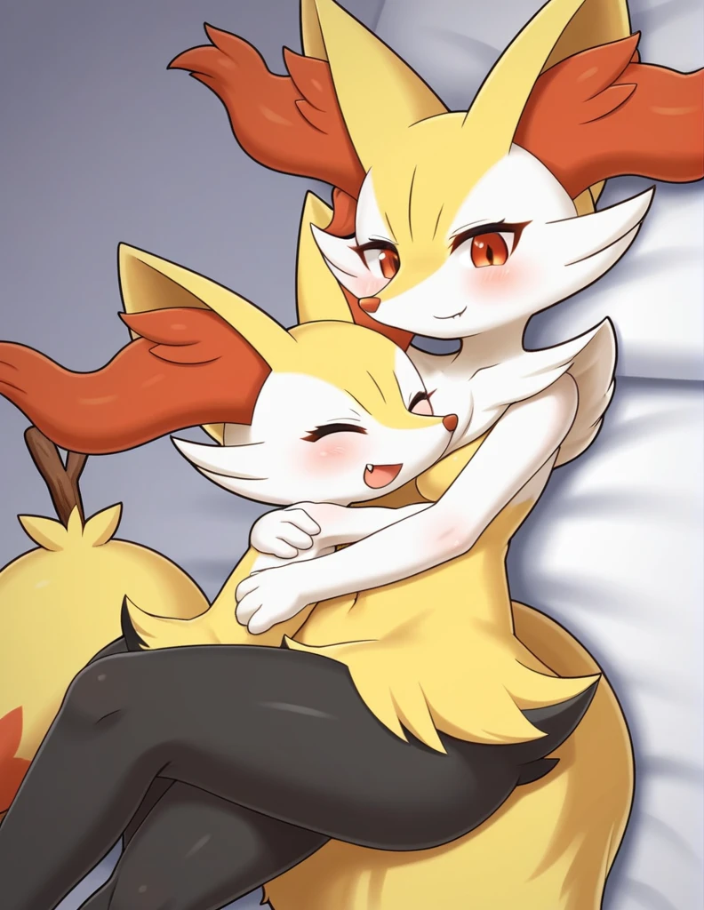 Anthro, kemono style, braixen Pokemon, female, laying, hugging man, Smile, Fang, Best Quality, cute