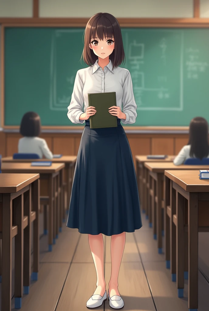 A beautiful lady, asian, Japanese,
brown shoulder length hair, 
holding a book on band and Straight standing in front of a teacher desk in a classroom,
Wearing a white shirt,
Wearing a navy blue leather long full skirt ankle length covered the legs,
Wearing white flat shoes,
whole body photo, full body image,
Front camera view,
High resolution, HD Photo,
photographs, photo, real style, 600dpi