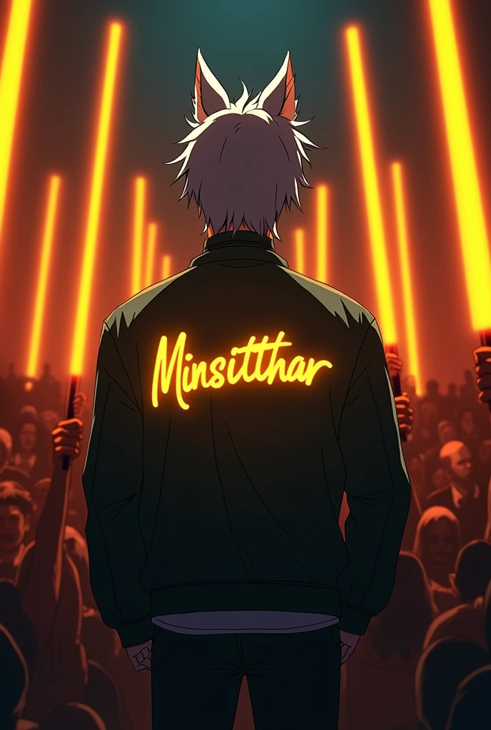 Man standing with his back to the camera wearing a jacket, behind the jacket is the name Minsitthar (the color of the name is gold and the font is "Disco Diva"),
It has to be anime
He is 2, has skin-colored hair and wolf ears.
Background and an audience in the dark holding yellow or red lighting rods
And on the edges it's like someone is live recording it.