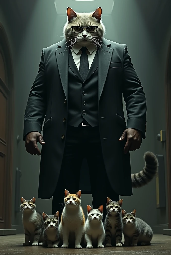 The monster cat protect these cats from dangerous man . The monster cat wear suit , shoes and also glasses