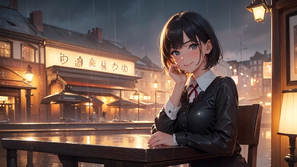 (8k, Highest quality, masterpiece: 1.2), (Realistic, Realistic: 1.37), Very detailed, 1 girl, cute, alone, Beautifully detailed skies, Detailed Cafe, night, Sitting, date, ( Red nose), (smile: 1.15), (Close your mouth) Small breasts, Beautiful details, (Collared shirt: 1.1), night, Wet, Business Wear, rain, White lace, (short hair: 1.2), Floating Hair NovaFrogStyle,