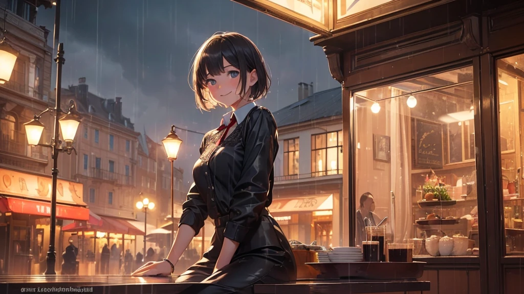 (8k, Highest quality, masterpiece: 1.2), (Realistic, Realistic: 1.37), Very detailed, 1 girl, cute, alone, Beautifully detailed skies, Detailed Cafe, night, Sitting, date, ( Red nose), (smile: 1.15), (Close your mouth) Small breasts, Beautiful details, (Collared shirt: 1.1), night, Wet, Business Wear, rain, White lace, (short hair: 1.2), Floating Hair NovaFrogStyle,