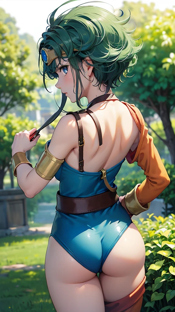 (((SFW、sound、Highest quality、Top notch work、Normal body、、Detailed face、Ultra-precision、normal hand、Normal referral、5refer、Highest)))、beautiful girl、Black Hair、yamato nadeshiko、Small breasts、Shortcuts、Blue leotard、Shoulder Off、、Red Cape、Circlet、Bastard sword、shield、Dragon Quest、grassland、Draw to the smallest detail、Noise is kept to a minimum.、(((recovery))),(((Take photos from the buttocks and back)))