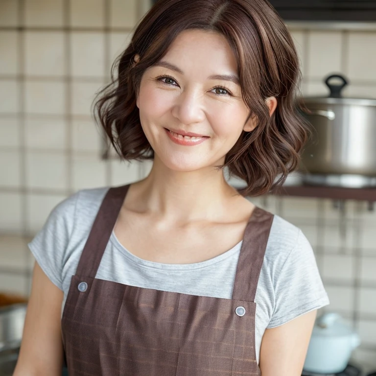 Just a housewife in her 40s who is good at cooking　Her hairstyle is a bob and she has chocolate-colored hair.、A slightly plump woman who looks good in a simple apron　Hold the frying pan、She has half-moon eyes and a gentle smile　