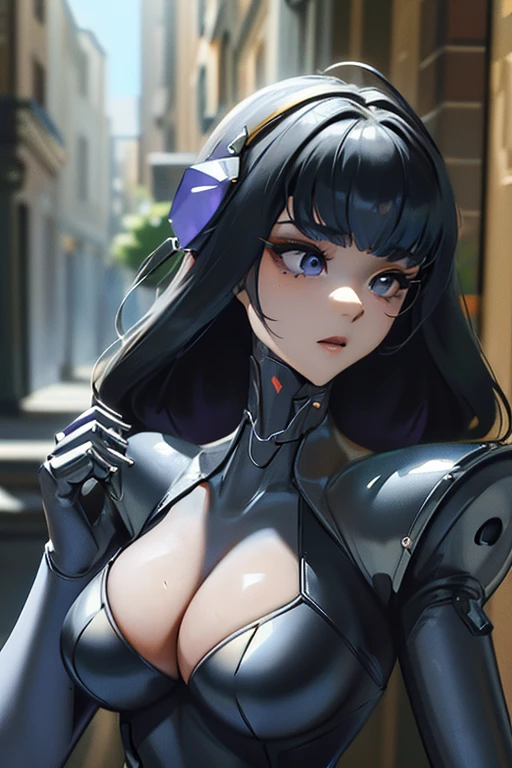 (masterpiece),(Highest quality),(Super detailed),(Best illustrations),(Best Shadow),(Absurd),(Detailed Background),(so beautiful), 16K, 8K, 4K,(Best Shadow),empty eyes,robotization,woman ,big bust,Robot Joint ,Metal skin,Black Suit,long hair,a black suit that covers the whole body,robot raiden shogun ,cyber suit,chrome body,mecha skin,metal skin