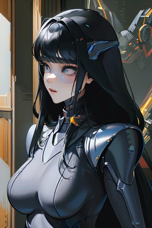 (masterpiece),(Highest quality),(Super detailed),(Best illustrations),(Best Shadow),(Absurd),(Detailed Background),(so beautiful), 16K, 8K, 4K,(Best Shadow),empty eyes,robotization,woman ,big bust,Robot Joint ,Metal skin,Black Suit,long hair,a black suit that covers the whole body,robot raiden shogun ,cyber suit,chrome body,mecha skin,metal skin