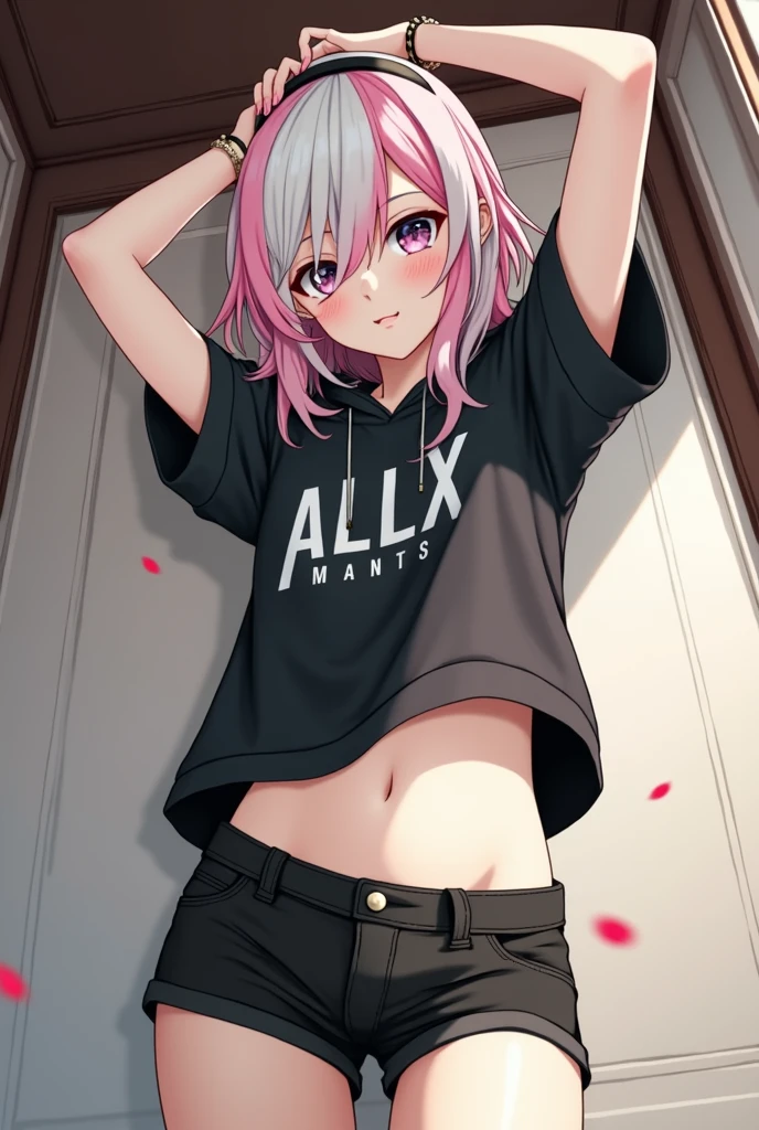 maeve from paladins, small and tight short sleeve t-shirt, tight black panties