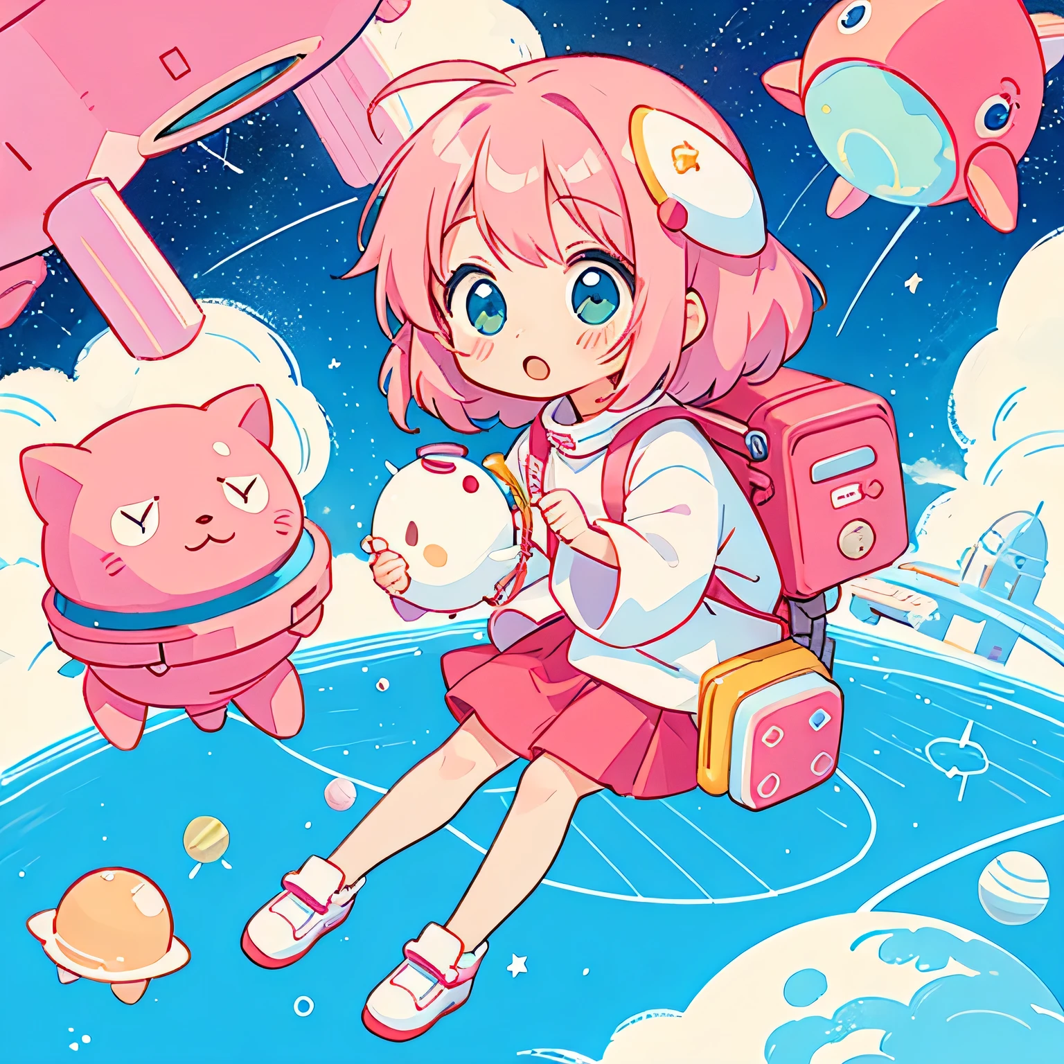 Momoko Sakura colorful style, Kawaii Design, The most beautiful girl of all time、Chibi, Space Travel, Spaceship