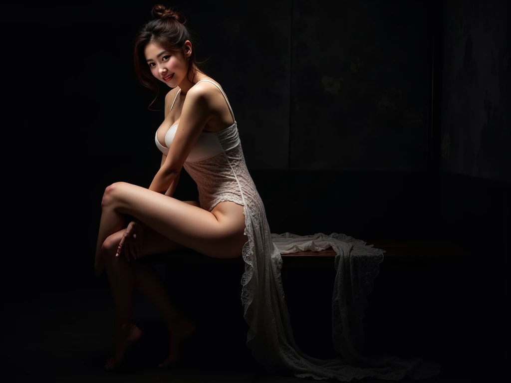 (Highest quality:1.4),(masterpiece:1.4),(Realistic:1.4),(Realistic:1.2),(超High resolution, RAW Photos:1.4),(High resolution, Very detailed:1.2),(8k:1.2),photograph,(Shot from behind:1.3)、Korean women、brown hair photos,One Woman,alone,(In underwear),Very large breasts,((Thigh to head shot:1.3))、(((topless、You can see her large breasts from the side.)))、((Toothy smile))、((Very large breasts:1.4))、Realistic skin textures、Slightly freckled、Slender figure、Realistic skin textures、((background,Concrete wall:1.3)),(topless,The breast is visible from the side:1.6),(Long lace slip,White)、3 woman、The angle at which the nipple is not visible、((Updo long hairstyle))、((Black,Long lace slip:1.4))、Correct toes、Detailed facial features、Long slip covers the buttocks and soles of the feet、Long slip covers your butt、