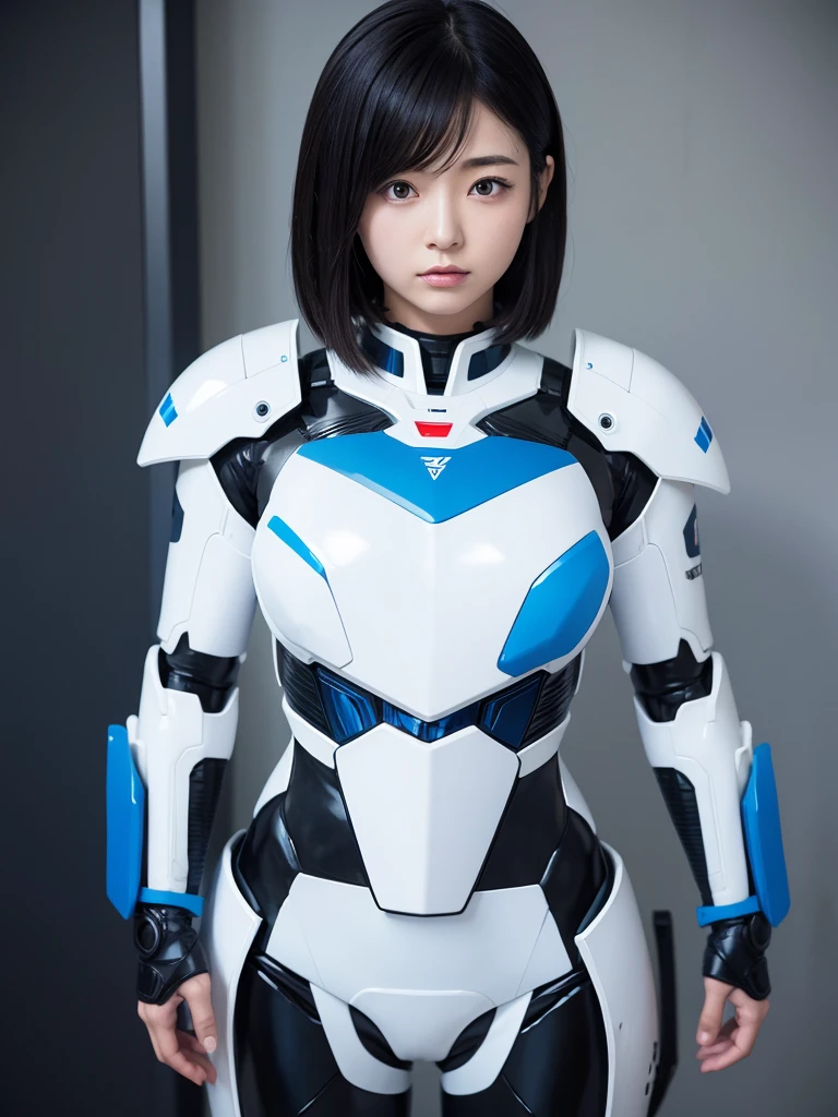 Japanese female android,Black Hair,White and blue robot suit,Plump