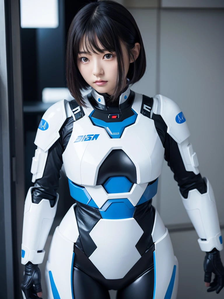 Japanese female android,Black Hair,White and blue robot suit,Plump