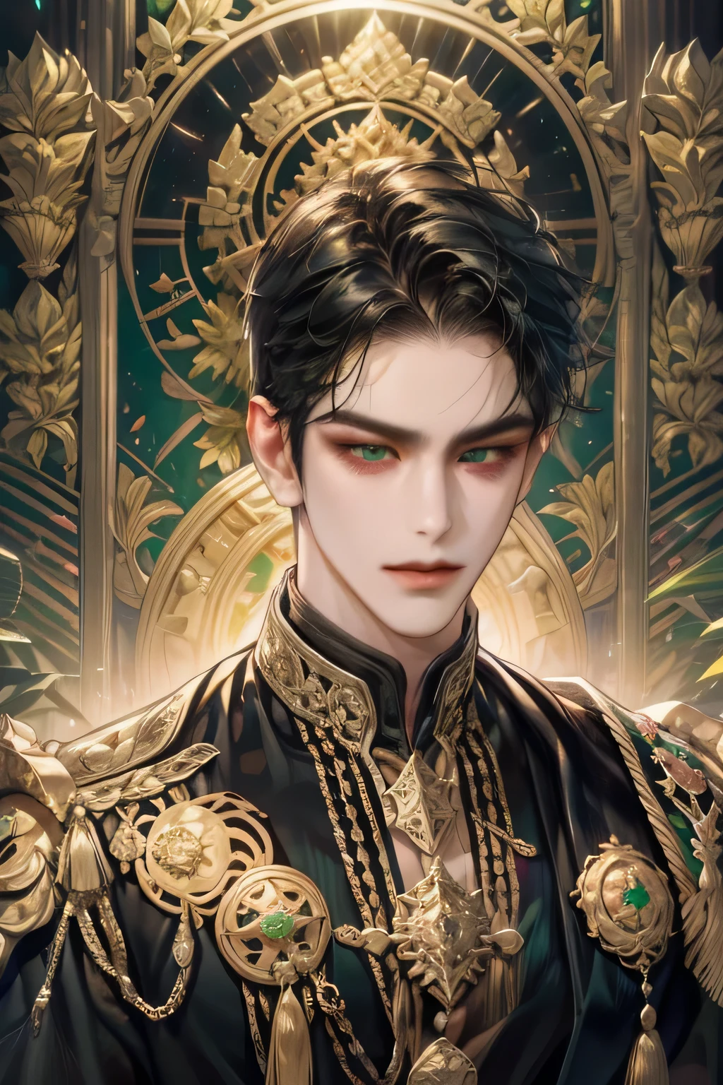 1Male, short Black hair, emperor look, masculine look, charming, stern face, gold black suit, green eyes, fair skin, light smile, prambanan temple, javanese anccient style, accurate, materpiece