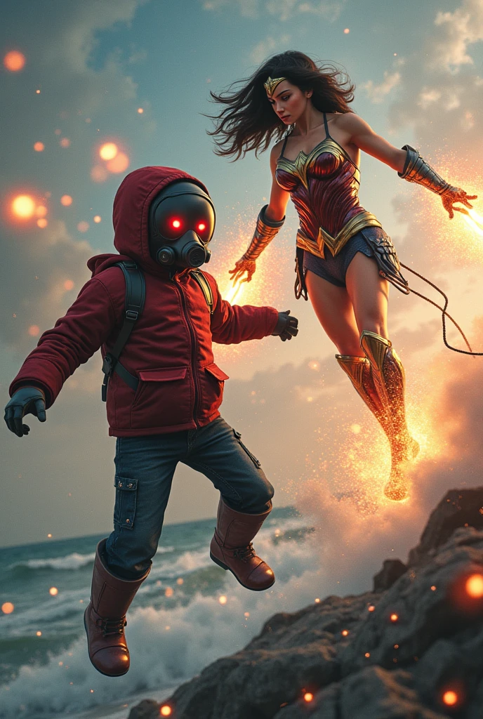 Kid & Wonder woman with red hoodie, Rocket boots, headphones, star-lord helmet, gas helmet, Covered mouth, Round, red eyes, big breasts, perfect body, Busty, realistic, power, Kick, Attack, magic rings in the hands, Fighting, power, fiction, full body, 2 persons, magic lasso, hight, fall, fire in boots, powerful spells, realistic, war, ocean, spells, Cayendo del cielo, sleep,  hug