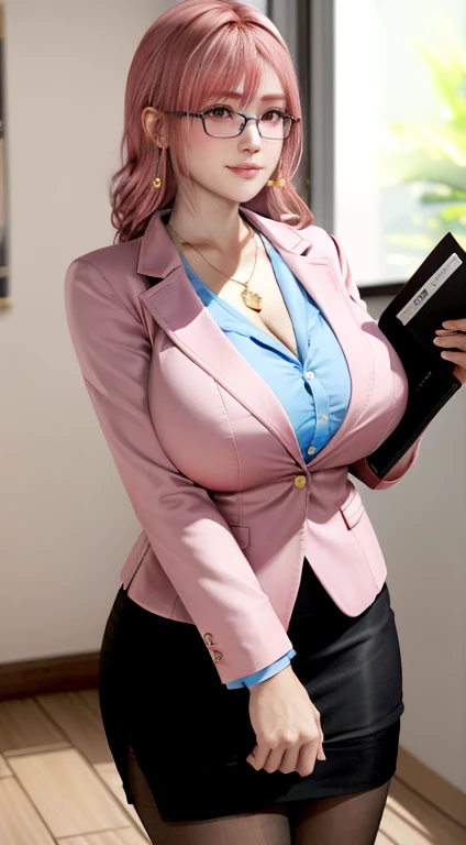 Honoka,    Secretary，Pink Hair，Huge breasts，cleveage，pink blazer, Pantyhose，Lovely，necklace，earrings，Red lips，Shy，wear glasse, secretary, Holding a folder，office, black pencil skirt