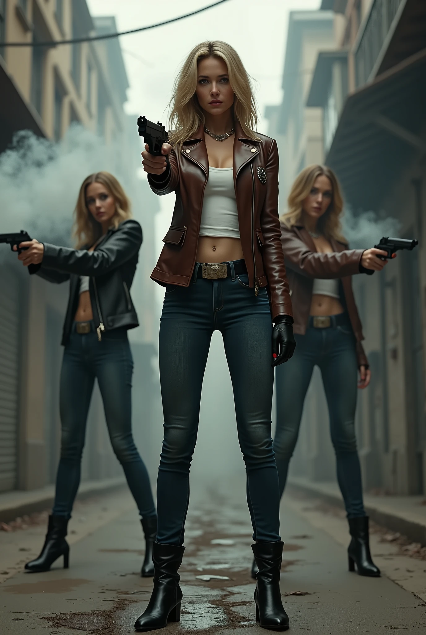 ( Photorealistic、Full live-action version、masterpiece、(Composition looking up from the ground、Express everything in minute detail))、2 female detective、Blonde Long Hair、Long legged police woman、((Standing with legs apart, Ultra low angle, Perfect perspective、Looking up at a beautiful girl)), Brown leather jacket and tight white shirt、Police Badge、Tight faded distressed denim、Black Leather Boots、Sexy leg lines、((Towering Beautiful Girl, Beautiful girl looking down))、Beautiful female detective、Desolate backstreets、(Holding a pistol with both hands、Active pose、They're pointing their guns at me.、Aiming for us)、((fire、Gunfight、Smoke coming out of the gun barrel))