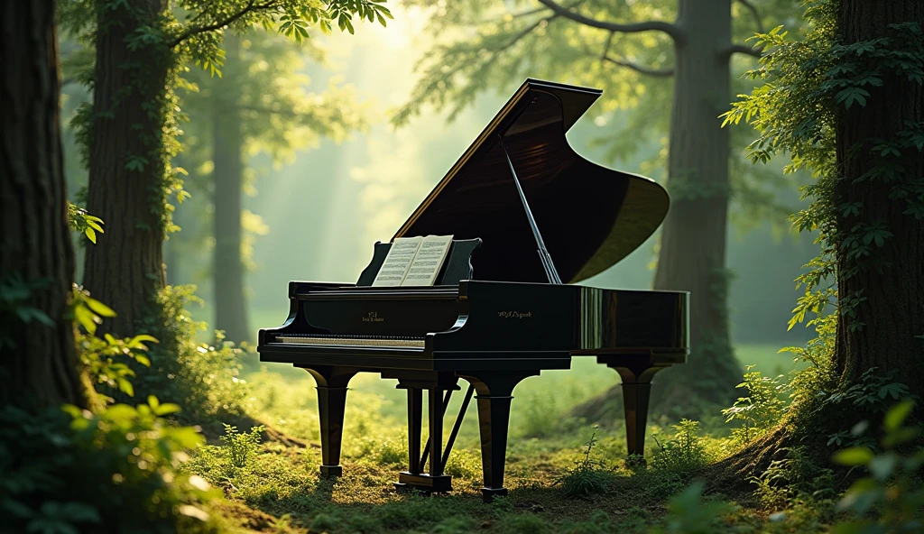 「A grand piano in the woods」is。The piano lid is open、There is music on the music stand。The surrounding area is densely packed with trees.々Surrounded by、The sun is shining through the trees.。This setting is、Combining the beauty of nature with the artistry of classical music、It creates a quiet and magical atmosphere.。Like a real photo