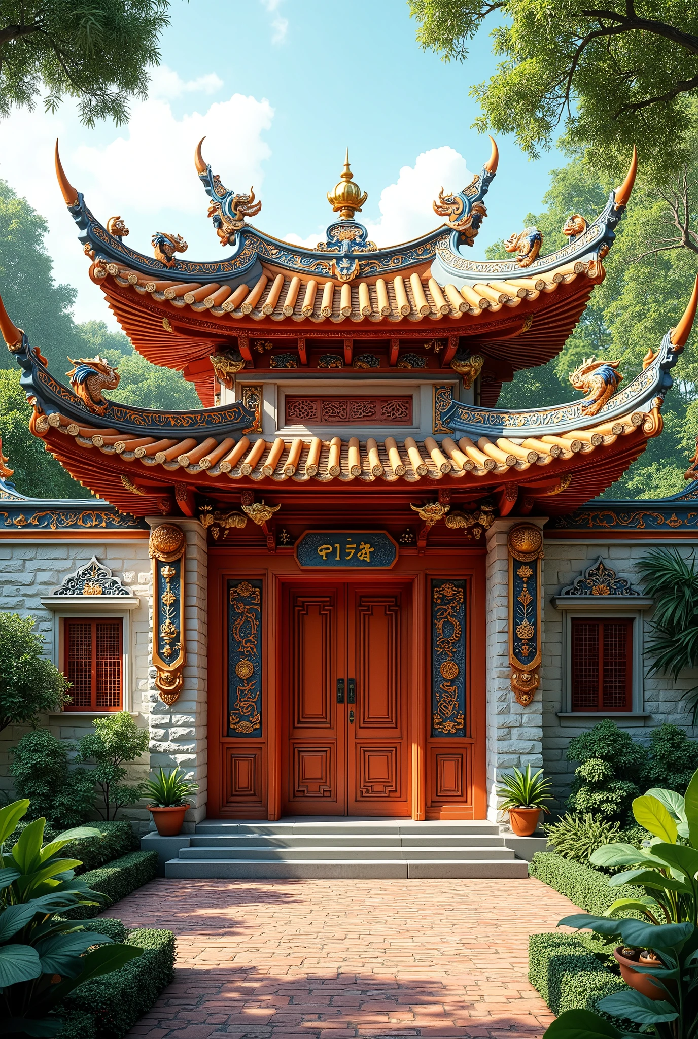 The building is based on Guangdong wok-ear wall architecture and decorated in Southeast Asian style.