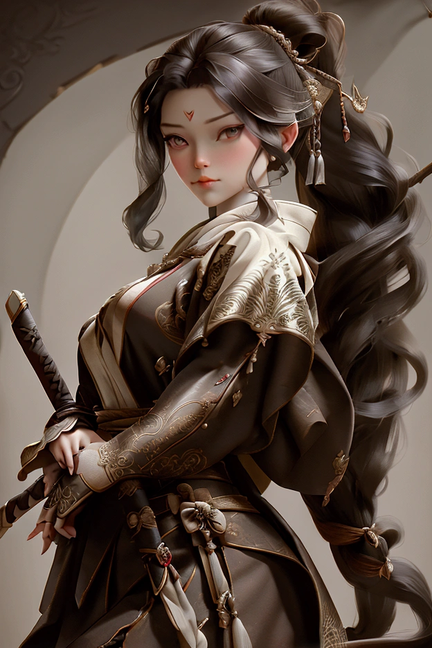 portrait of a woman wearing a historical archer outfit, she is holding an arrow and bow in her hands , a majestic cape flowing behind her back, her hair is covered by a glorious scarf with ornate patterns, realistic, medium shot image, long shot image, character design with digital painting style , digital art, game art