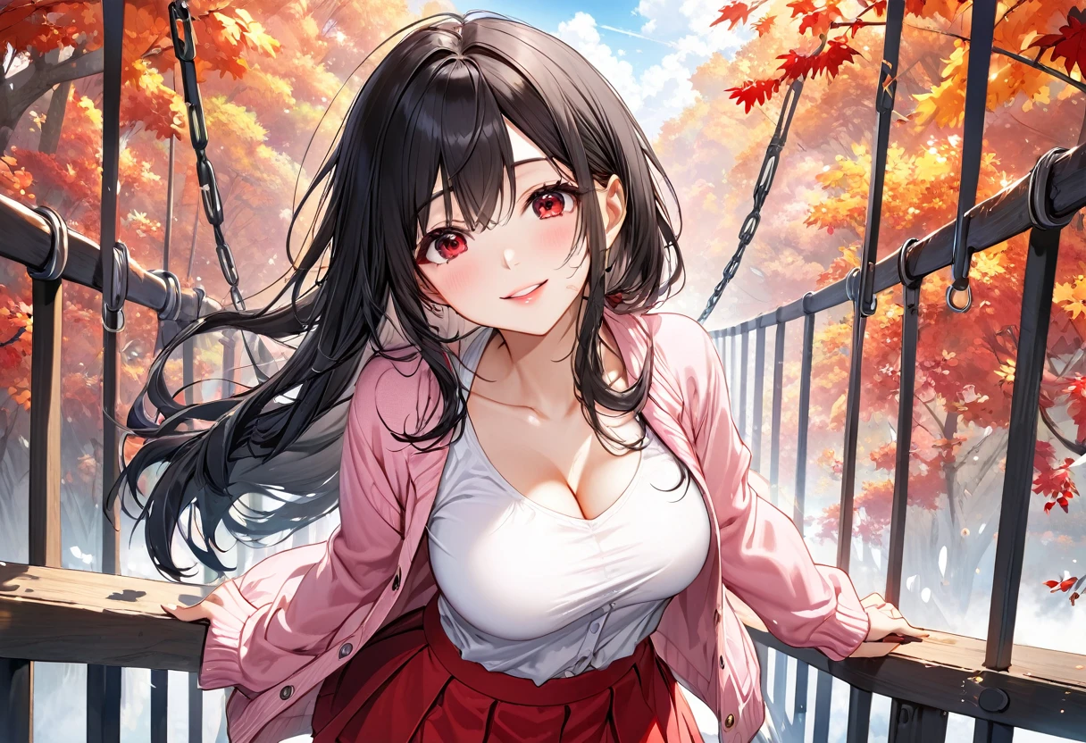 (enjoy style), (panoramic, solo:2, 18 yo), (looking up to sky), (beautiful detailed straight Hair) (beautiful detailed black hair long hair), (immensely beautiful cool girl) (beautiful cool red eyes) (cute ecstasy smile) (glossy lip) (big tits, beautiful best body), in a top is pink cardigan, under is cute white shirt, beautiful red long skirt, break, in the old Large Suspension Bridge), background beautiful early autumn Valley, BREAK, perfect anatomy, masterpiece, best quality, 16k, beautiful detailed grow, daydreaming expression.