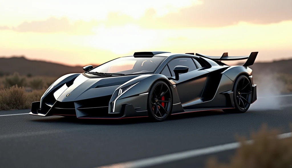 A beautiful grey Lamborghini Veneno car on the road, I want to see it in full view.
