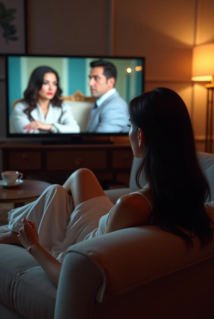 A woman lying on a sofa watching a soap opera