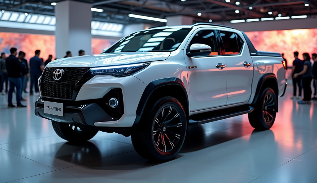 a luxury Toyota Truck Pickup mixed with luxury fortuner, electric car, futuristic full LED design, in a showroom with a lots people