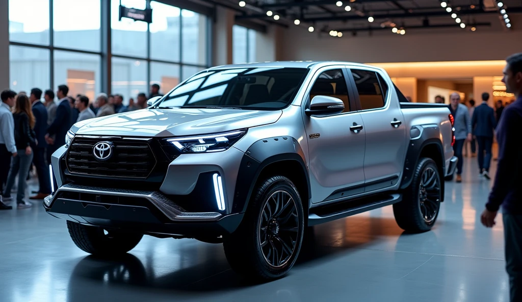 a luxury Toyota Truck Pickup mixed with luxury fortuner, electric car, futuristic full LED design, in a showroom with a lots people