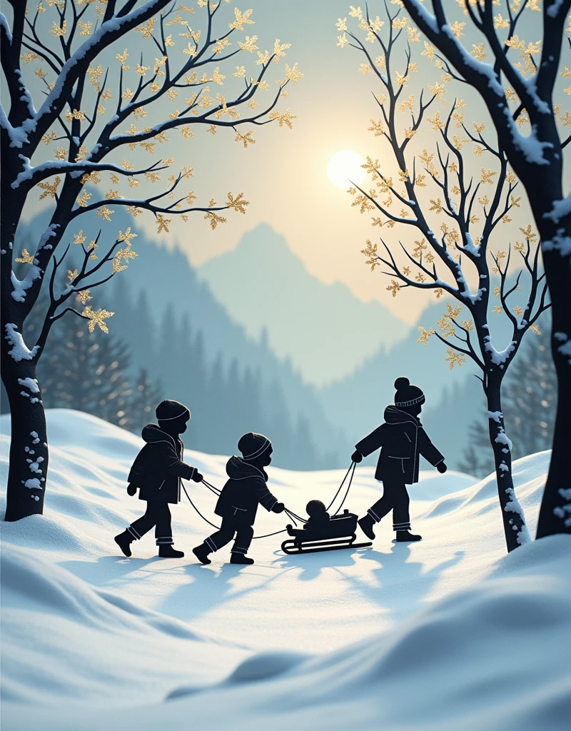 A fusion of paper cutting and shadow art, Black construction paper images, White cut out snowflakes and piled up snow, Snowscape painting, Glittering gold dust, 2.5D, Subtle and dynamic effects, Glitter effect, Fog filter effect, Children pulling a sled、artistic, artistic photography, Ultra-realistic, CG digital art