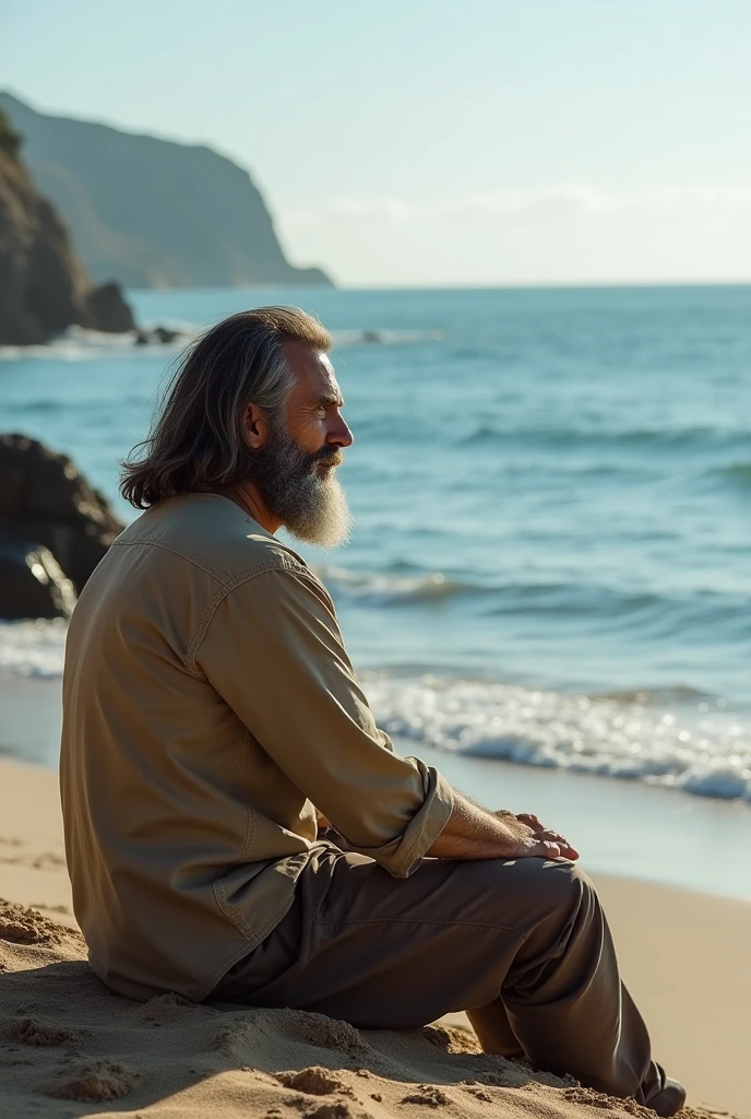 Well grown man seating on sea side with long hair smart beard